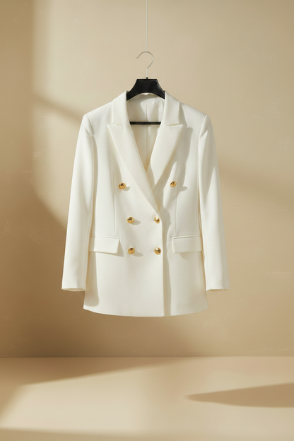 Blazer blanco doble botonadura con botones dorados, solapas y bolsillos con tapeta.