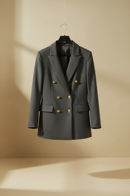Blazer gris oscuro doble botonadura con botones dorados, solapas y bolsillos con tapeta.