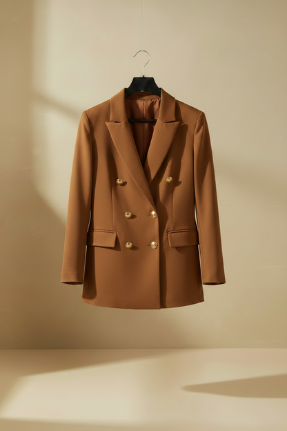 Blazer marrón doble botonadura con botones dorados, solapas y bolsillos con tapeta.