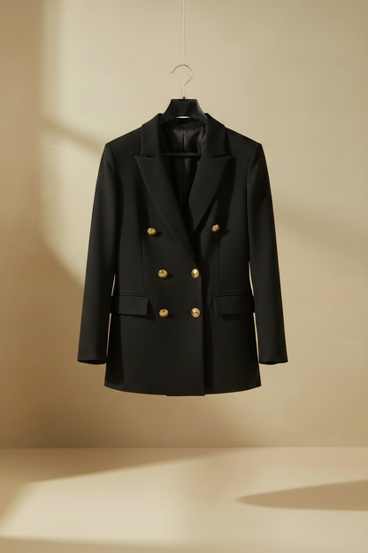 Blazer doble botonadura negro con solapas, botonera dorada y bolsillos con tapa