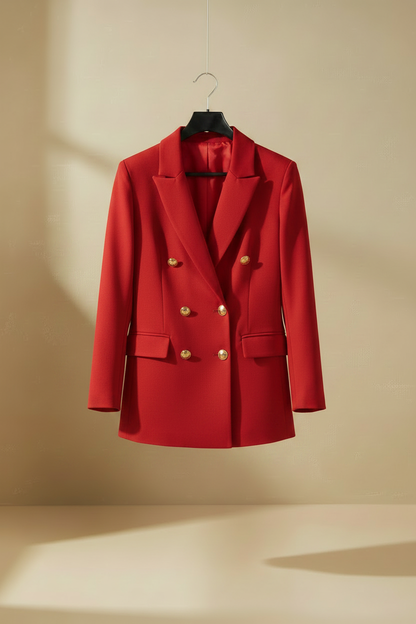 Blazer rojo doble botonadura con botones dorados, solapas y bolsillos con tapeta.