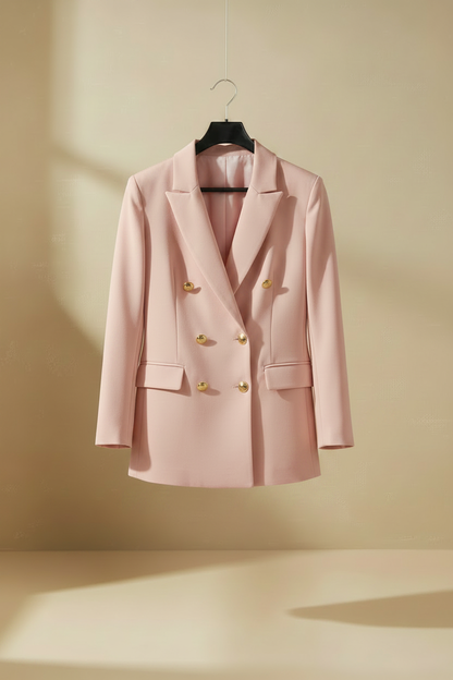 Blazer rosa doble botonadura con botones dorados, solapas y bolsillos con tapeta.