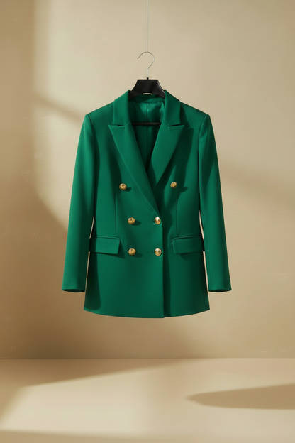 Blazer verde doble botonadura con botones dorados, solapas y bolsillos con tapeta.