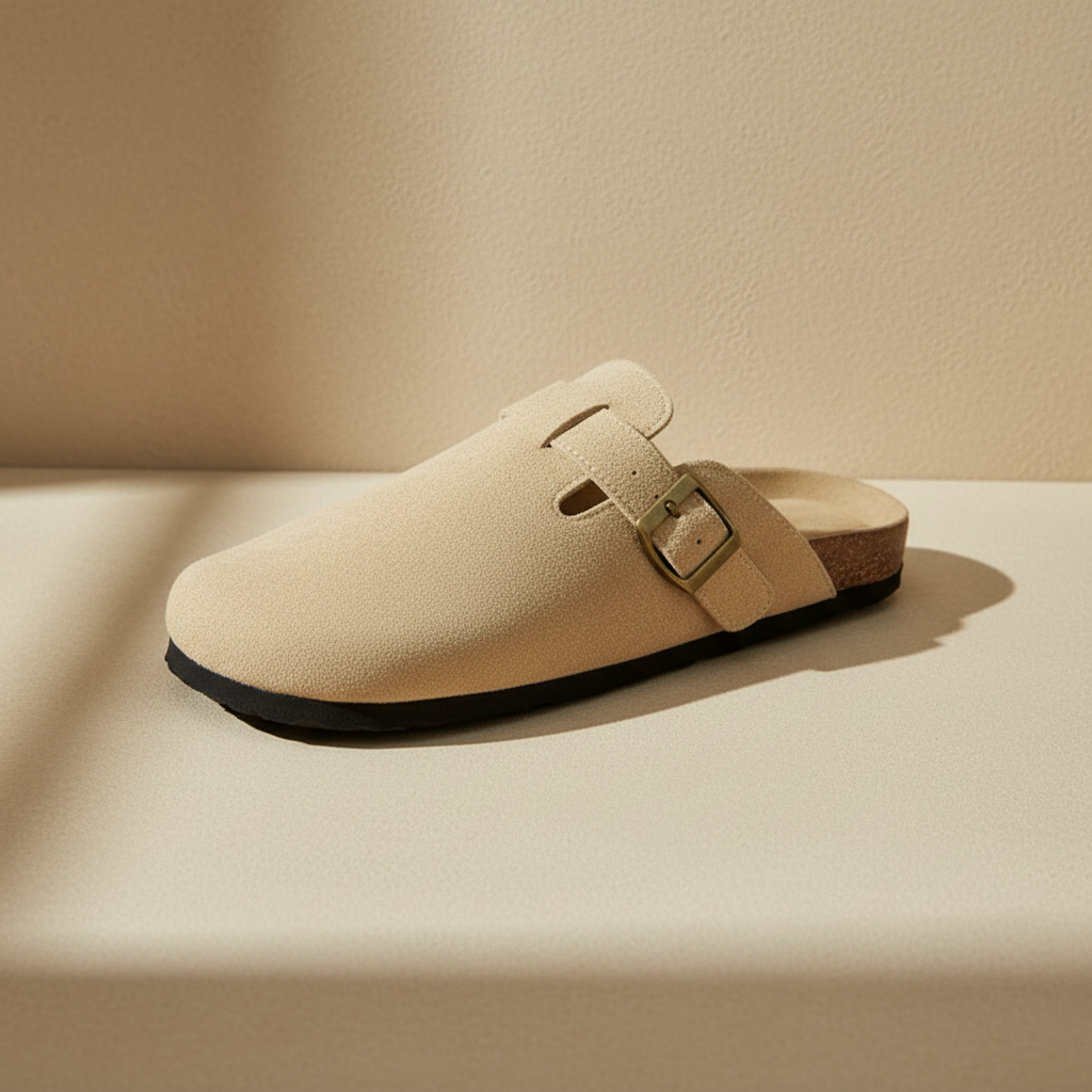 Zueco unisex de confort beige claro con hebilla metálica y tira ajustable