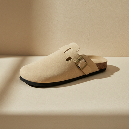 Zueco unisex de confort beige claro con hebilla metálica y tira ajustable