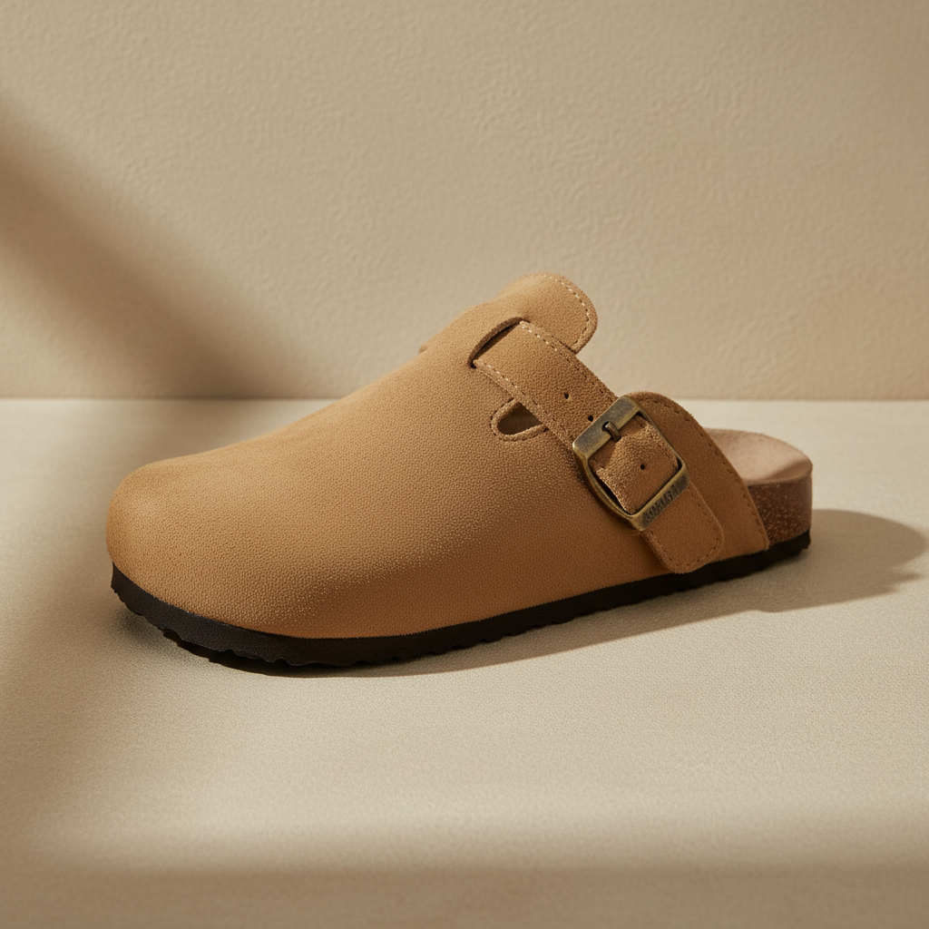 Zueco unisex de confort camel con hebilla metálica y tira ajustable