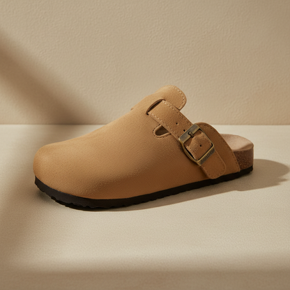 Zueco unisex de confort camel con hebilla metálica y tira ajustable
