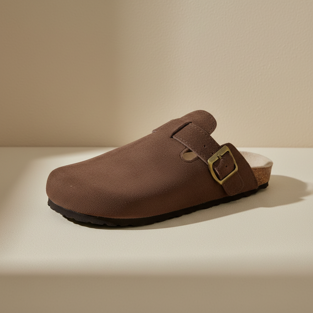 Zueco unisex de confort marrón con hebilla metálica y tira ajustable