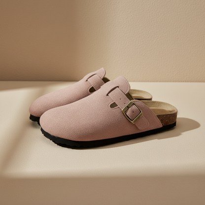 Zueco unisex de confort rosa palo con hebilla metálica y tira ajustable