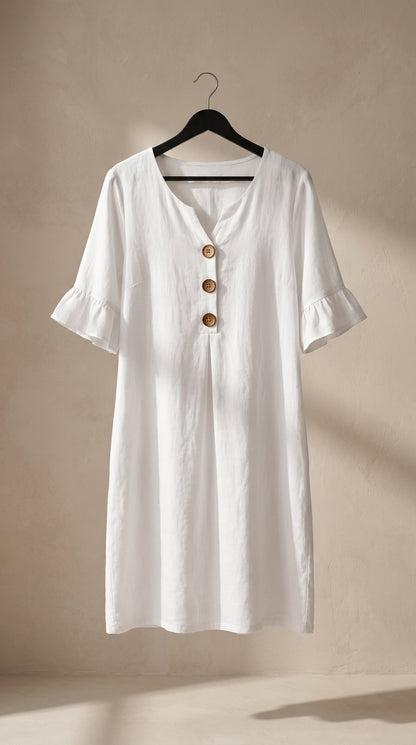 Vestido fluido blanco con cuello en V y botones, mangas globo con volante