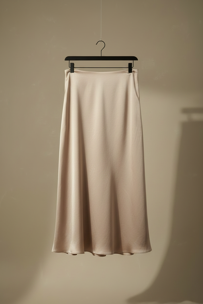 Falda midi satinada beige, colgada con caída amplia y brillo suave.