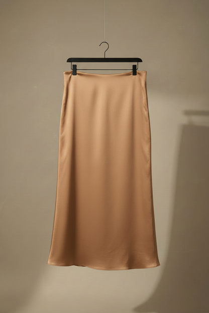 Falda midi satinada camel, colgada con caída lisa y acabado satinado.