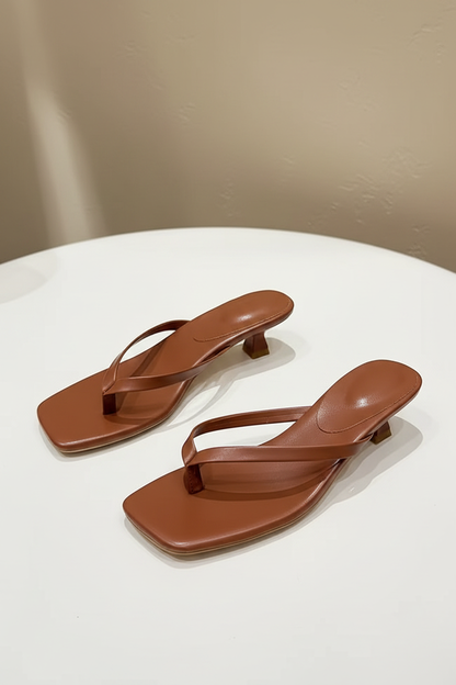Sandalias de piel marrón oscuro con tacón tipo kitten y tira en T