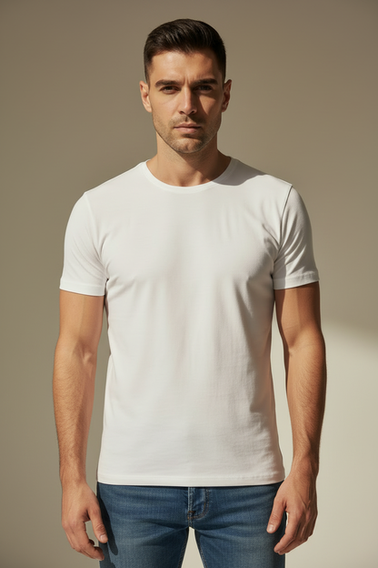 Camiseta básica slim fit blanca para hombre, cuello redondo y manga corta
