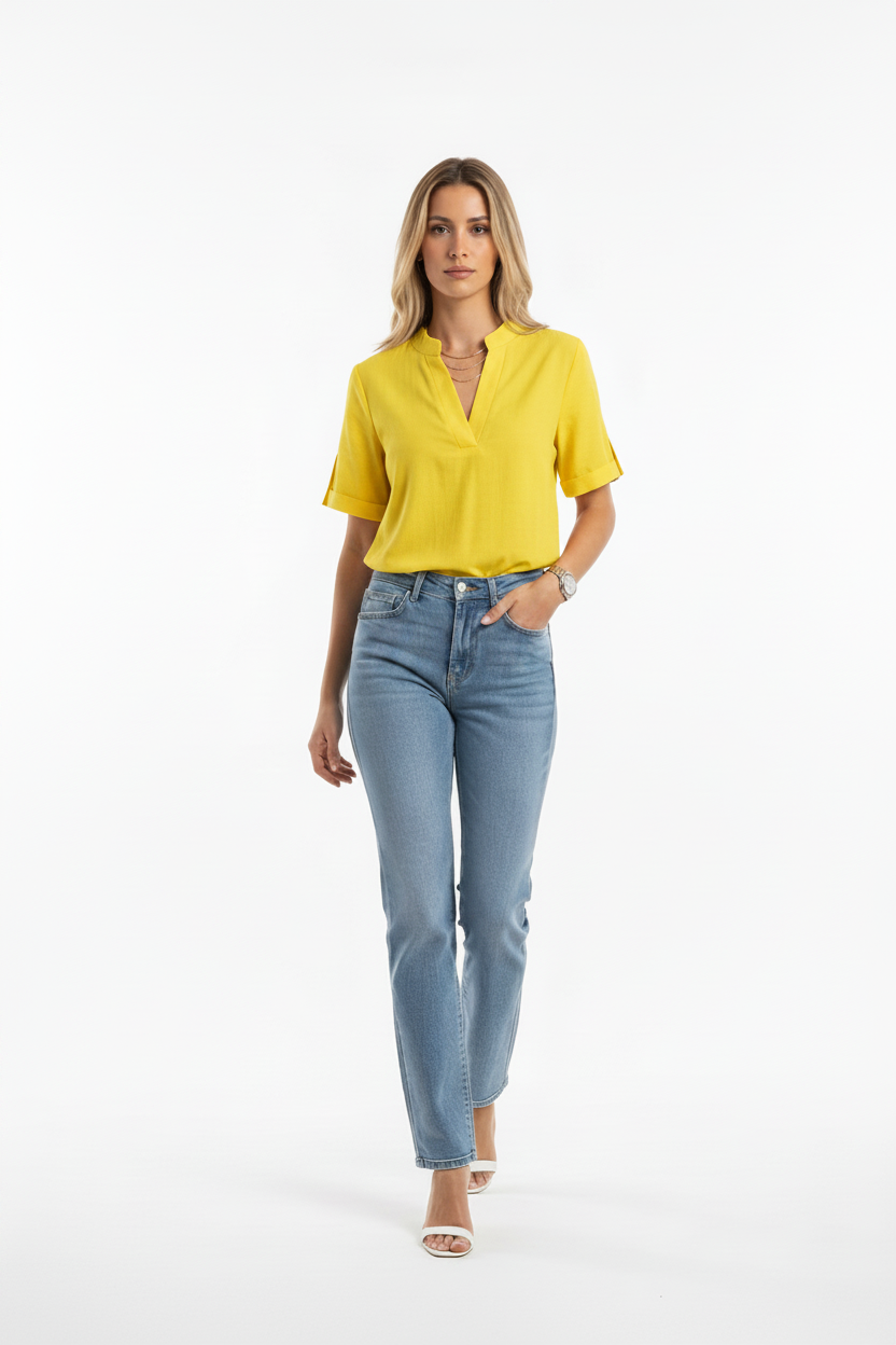 Modelo blusa amarilla caminando