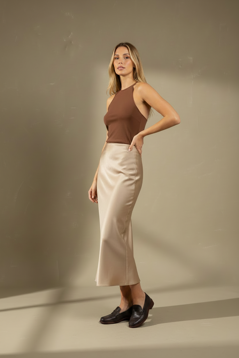 Modelo con Falda Beige Satinada