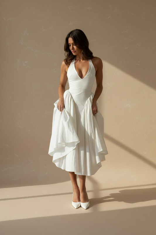 Modelo con vestido blanco halter - V1