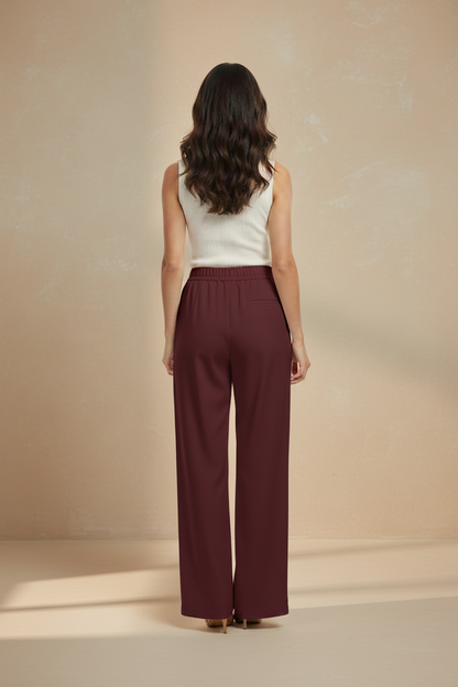 Pantalón de pierna ancha burdeos con cintura elástica y dobladillo ancho