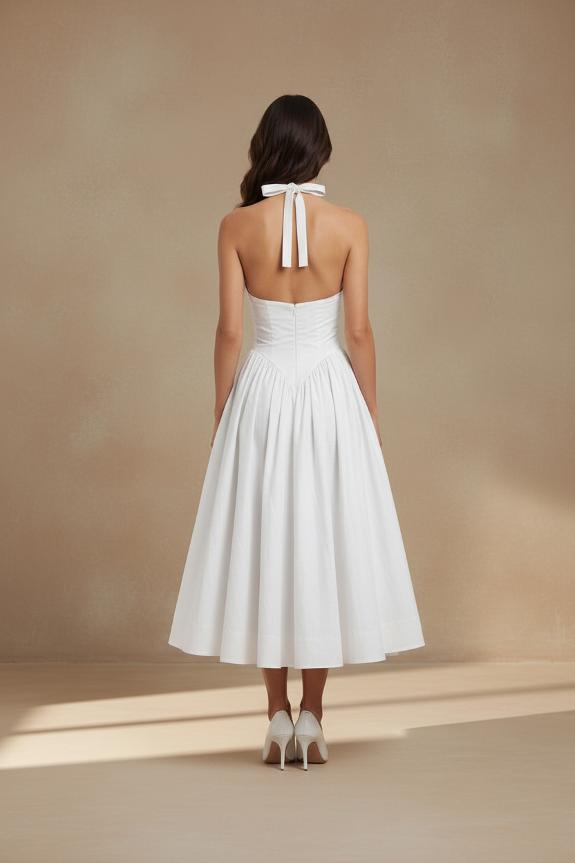 Modelo espalda vestido blanco tacones blancos puntiagudos