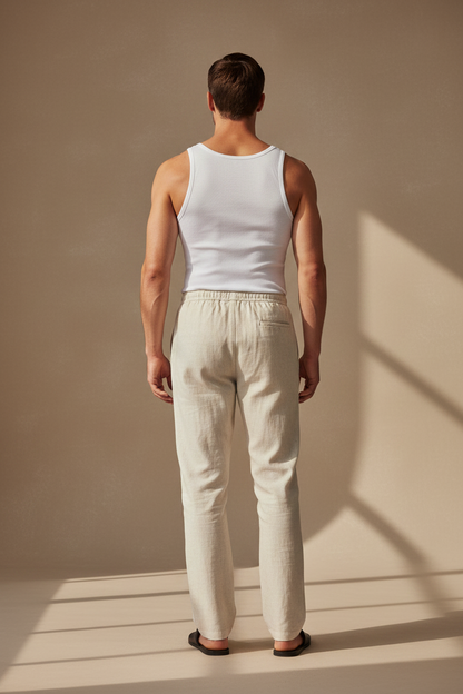 Pantalón relajado de algodón-lino color beige claro, cintura elástica y puños en tobillo
