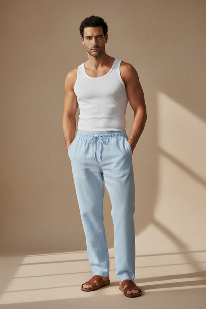 Pantalón relajado de algodón-lino color azul claro, tiro elástico y bolsillos laterales