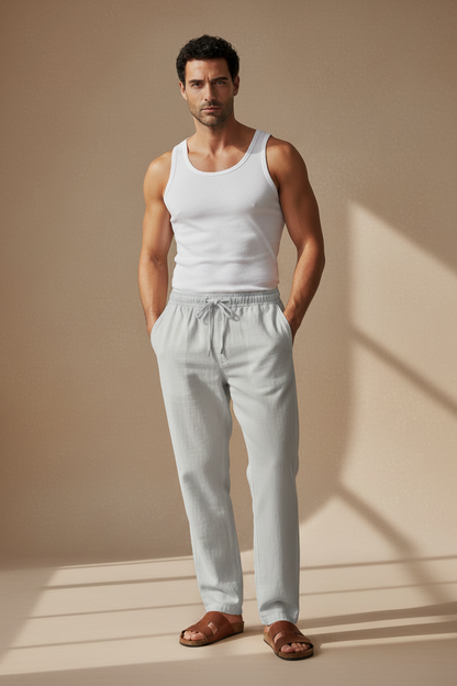 Pantalón relajado de algodón-lino color claro, cintura elástica con cordón