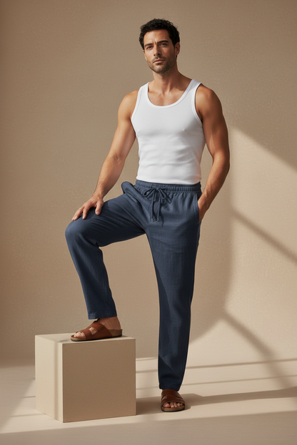 Pantalón relajado de algodón-lino color azul marino, cintura elástica y bolsillos laterales