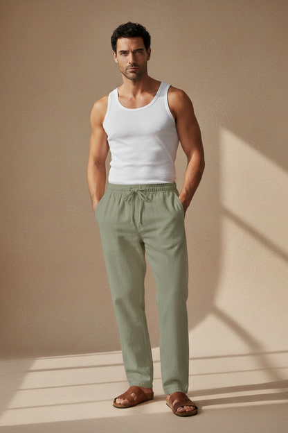 Pantalón relajado de algodón-lino verde salvia, cintura elástica y cordón