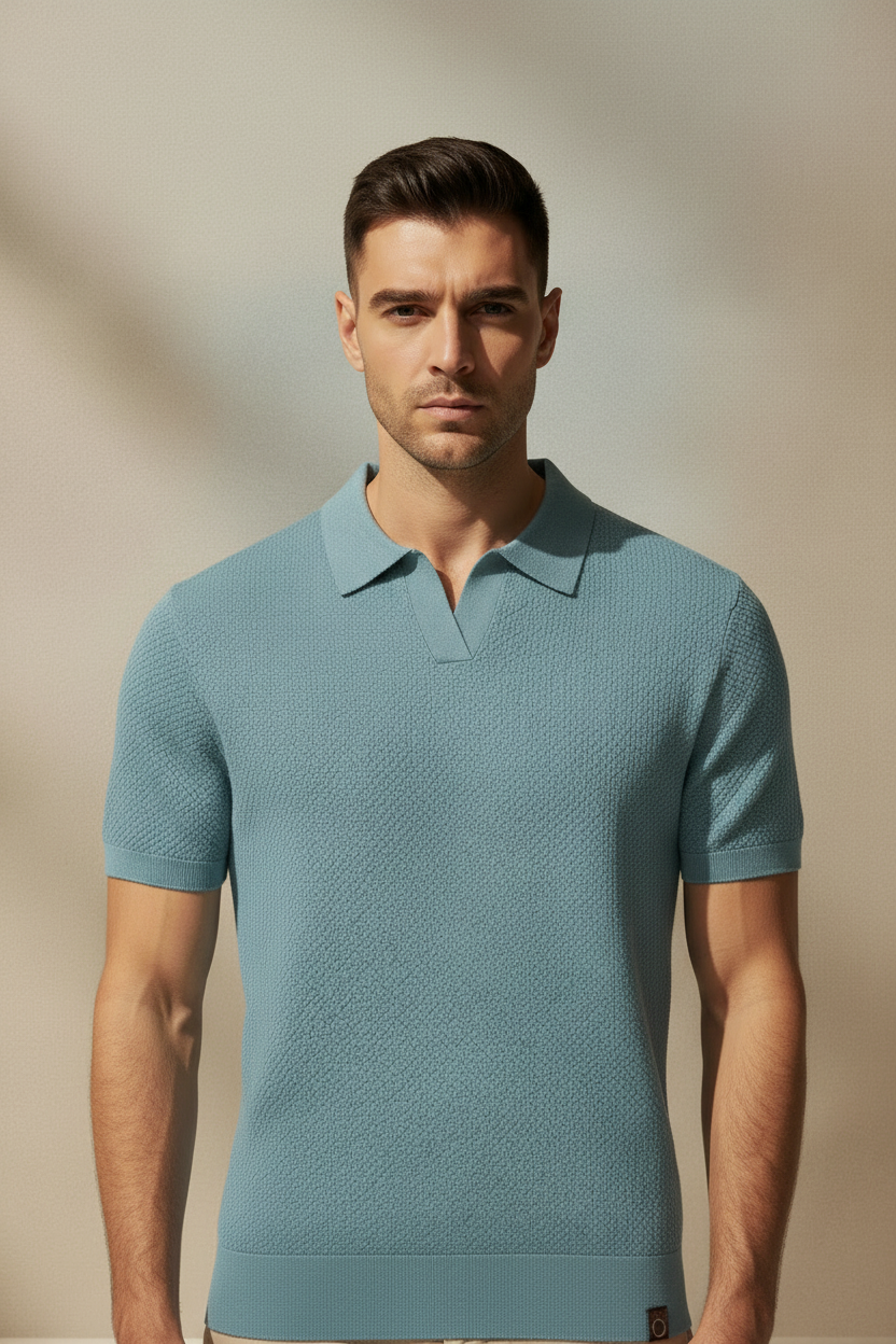 Modelo polo azul - plano cercano pecho