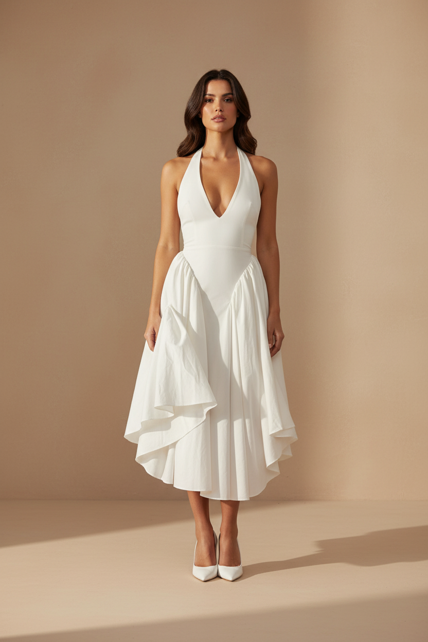 Modelo vestido halter blanco - frente mirando arriba