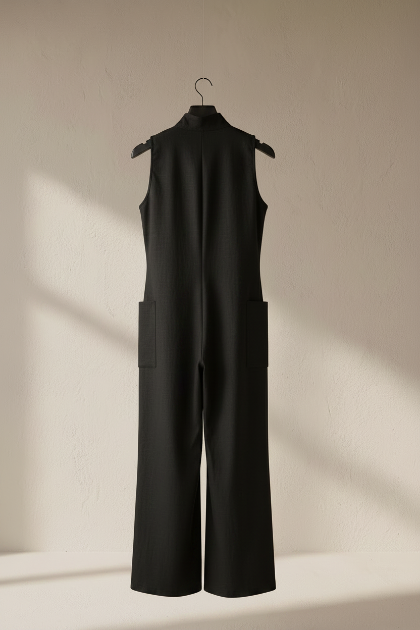 Mono negro sin mangas de pierna ancha con bolsillos laterales y tapeta de botones