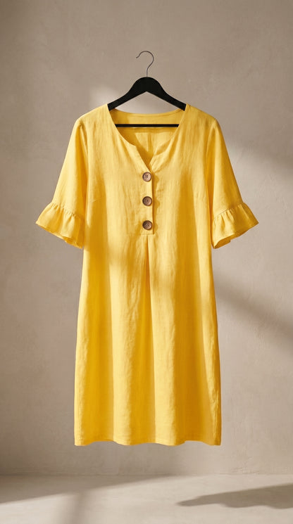 Vestido fluido amarillo con cuello en V y botones, mangas globo con volante