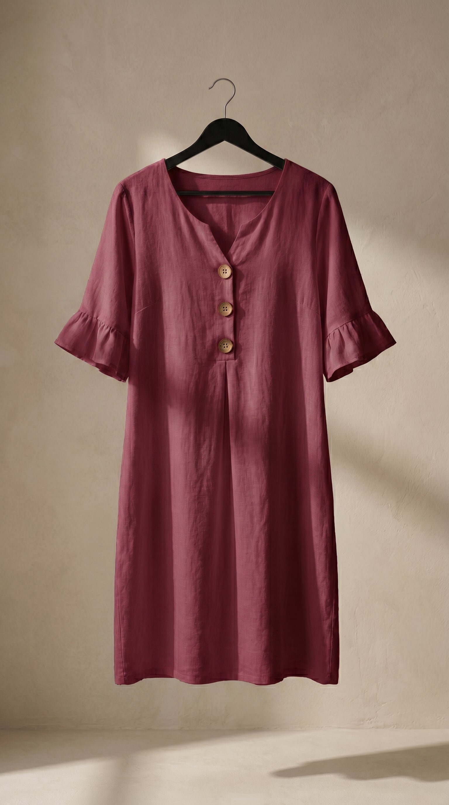 Vestido fluido burdeos con cuello en V y botones, mangas globo con volante