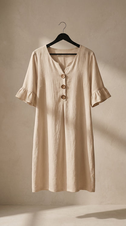 Vestido fluido beige con cuello en V y botones, mangas globo con volante