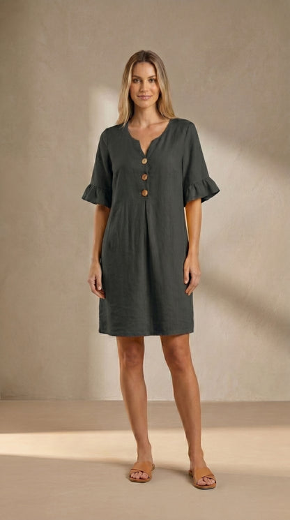 Vestido fluido oscuro con botones frontales y manga globo, largo a media pierna