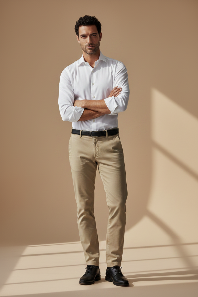 Pantalón khaki frente brazos cruzados