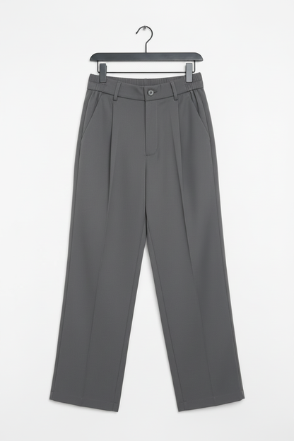 Pantalón wide leg gris oscuro, cintura con trabillas y bolsillos frontales