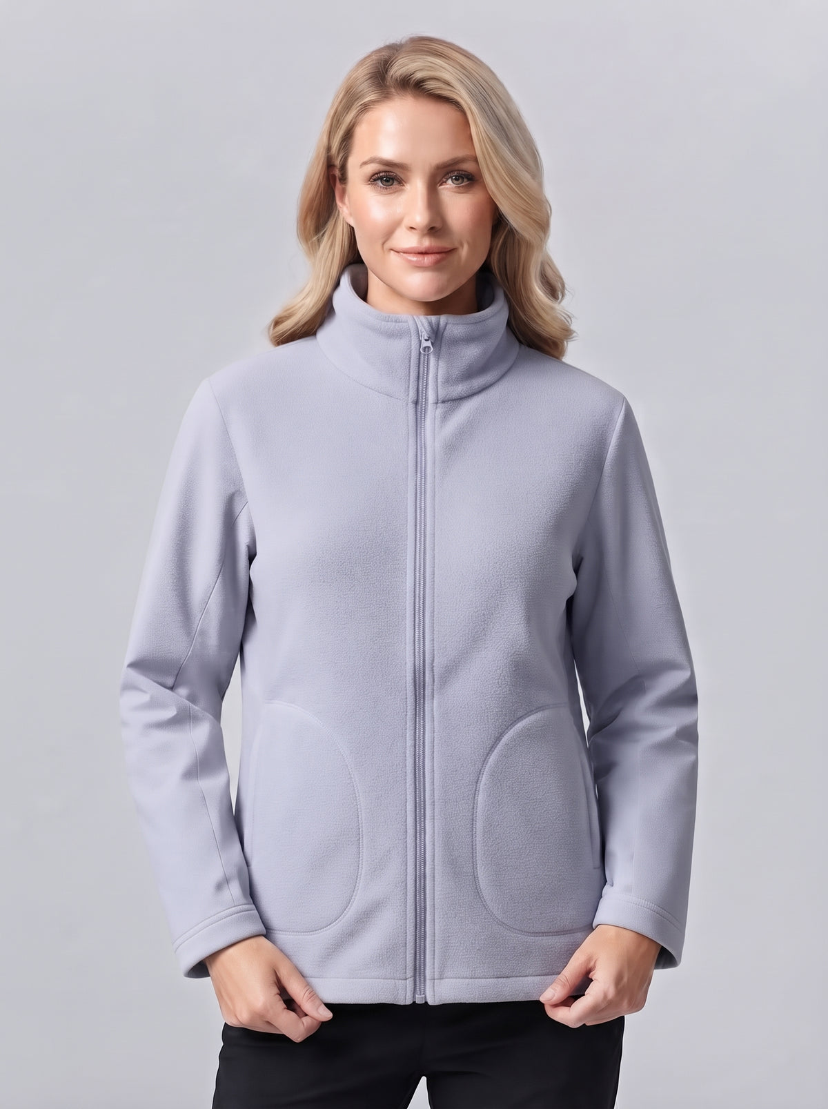 Chaqueta interior 3 en 1 gris lavanda con cremallera y cuello alto, bolsillos laterales