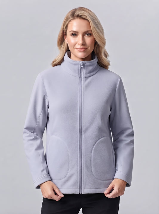 Chaqueta interior 3 en 1 gris lavanda con cremallera y cuello alto, bolsillos laterales
