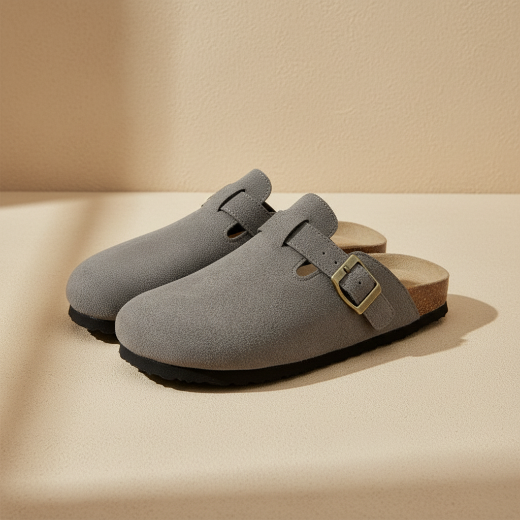 Zueco unisex de confort gris con tira ajustable y hebilla metálica