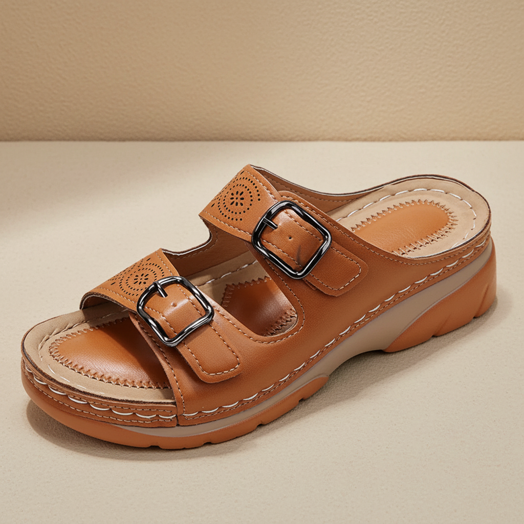 Sandalias de confort camel con perforaciones y doble tira con hebillas.