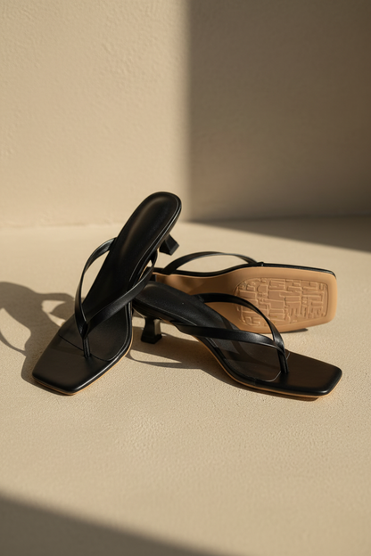 Sandalias tipo chancla con tacón kitten y tira cruzada, color negro