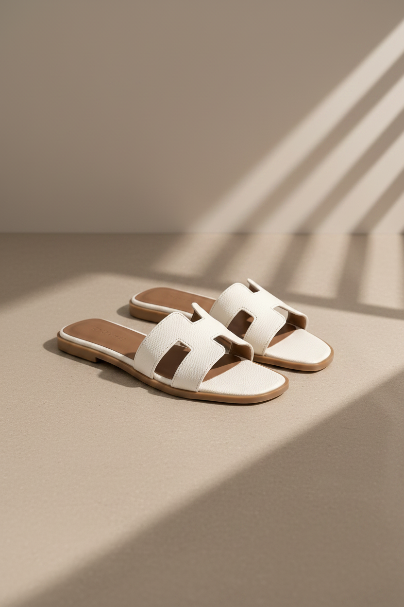 Sandalia plana tipo mule de tira estilo H en color crema con tacón bajo