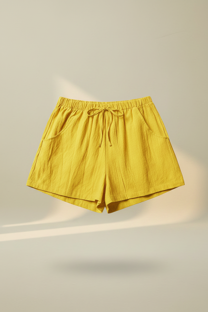 Shorts relajados amarillos, cintura elástica con cordón ajustable