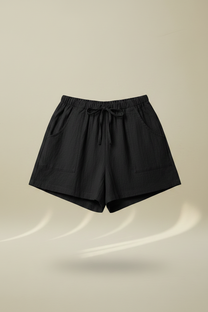 Shorts relajados negros, cintura elástica con cordón ajustable