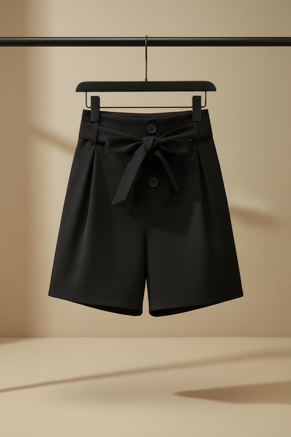 Bermuda regular fit negra con lazo frontal y botones