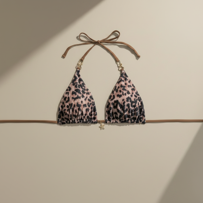 Top de bikini triangular con estampado leopardo y tirantes ajustables con lazos
