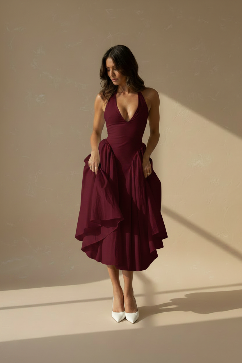 Vestido burdeos halter - pose 1