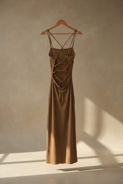 Vestido midi camel colgado, tirantes finos con espalda cruzada y lazada