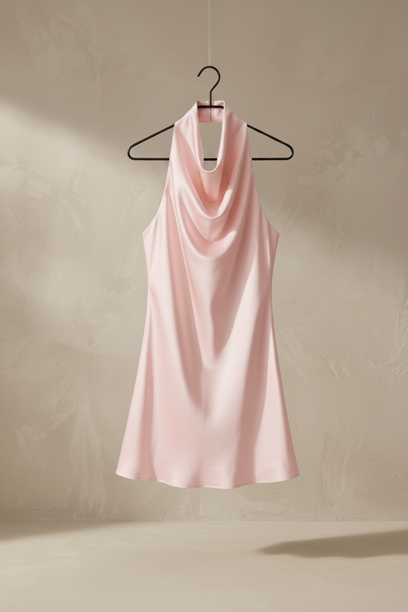 Vestido halter MIA rosa claro en percha, sin mangas con escote drapeado